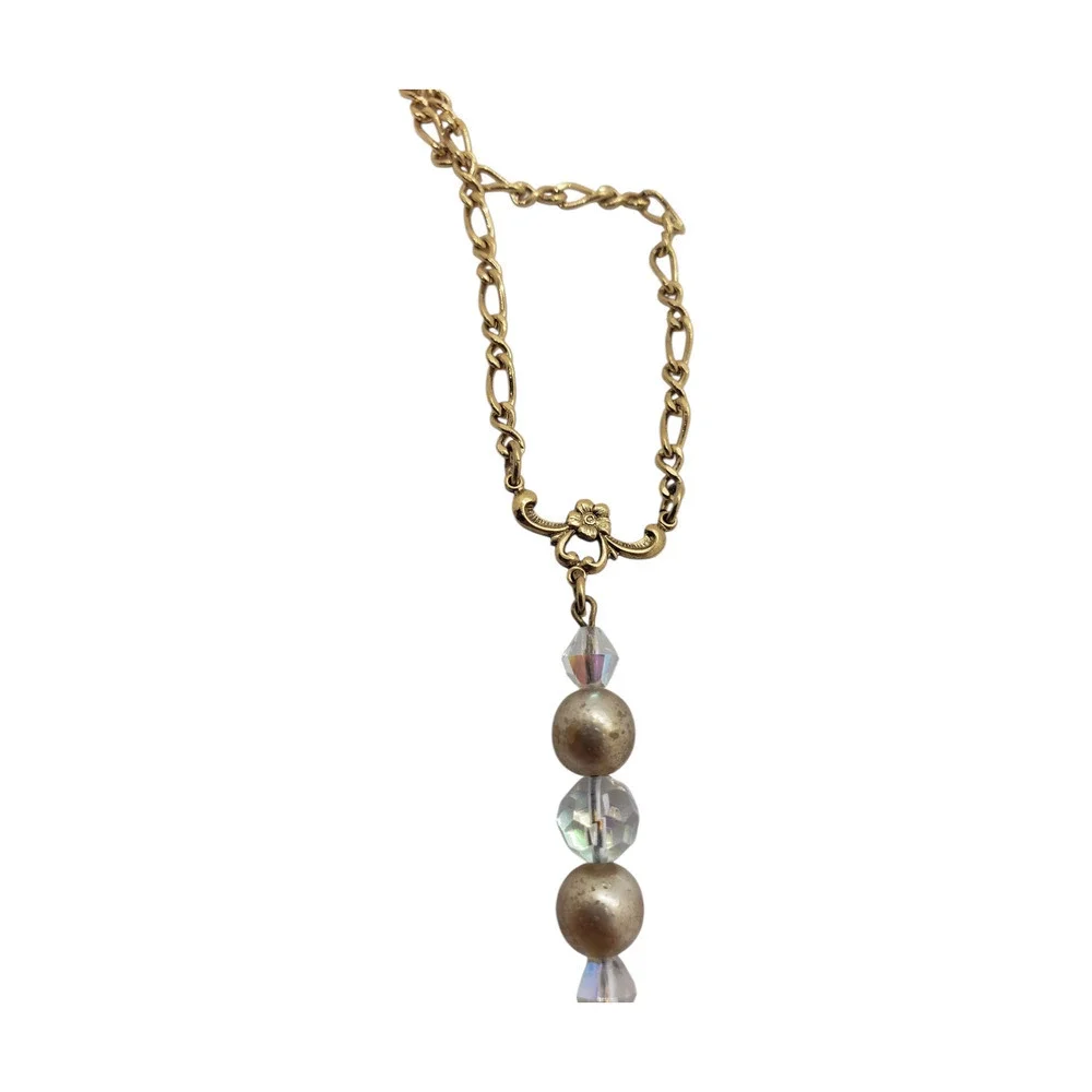 Vintage Gold Tone Chain Necklace Faux Pearl Aurora Borealis Crystal Beads LONG